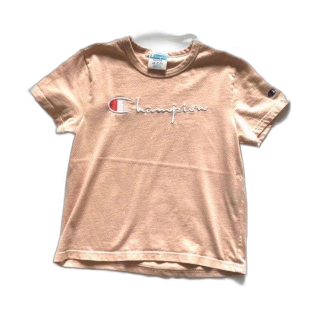 Champion crop top tee T-shirt s/s blush pink embroidered spell out SZ M baby tee